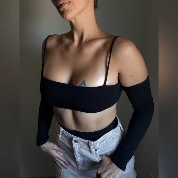 Forever 21 Crop Top NEW Black Long Sleeve Large Stretchy - Picture 3 of 11